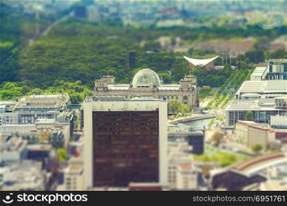 Aerial view of Berlin skyline with Reichstags building. with tilt-shift effect.