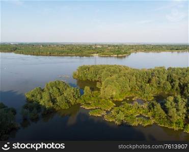 Aerial view of big siberian Ob river in beauty summer day, drone shot. Aerial view of big siberian Ob river