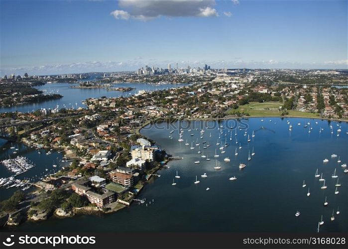 Aerial view of boats and buildings in Sydney, Australia from Five Dock Bay in Drummoyne.