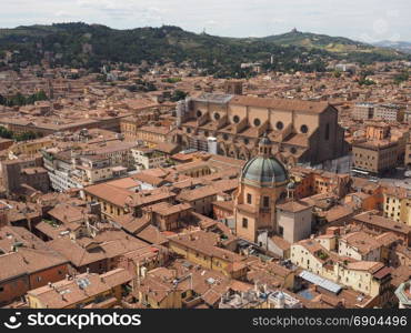 Aerial view of Bologna. Aerial view of Piazza Maggiore square and San Petronio church in the city of Bologna, Italy