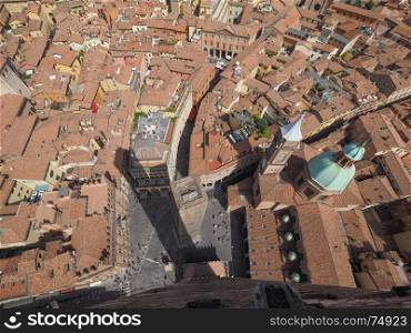 Aerial view of Bologna. Aerial view of the Garisenda tower in the city of Bologna, Italy