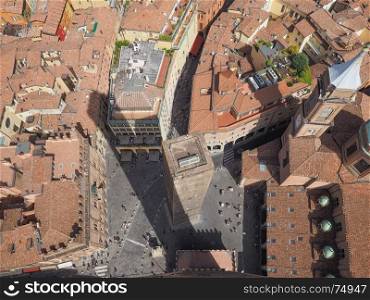 Aerial view of Bologna. Aerial view of the Garisenda tower in the city of Bologna, Italy