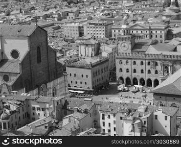 Aerial view of Bologna bw. Aerial view of Piazza Maggiore square and San Petronio church in the city of Bologna, Italy in black and white