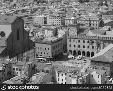 Aerial view of Bologna bw. Aerial view of Piazza Maggiore square and San Petronio church in the city of Bologna, Italy in black and white