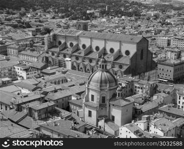 Aerial view of Bologna bw. Aerial view of San Petronio church in the city of Bologna, Italy in black and white