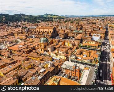 Aerial view of Bologna (hdr). Aerial view of Piazza Maggiore square and San Petronio church in the city of Bologna, Italy (vibrant high dynamic range)