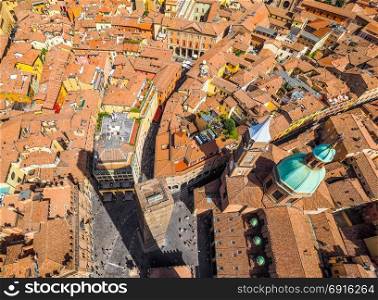 Aerial view of Bologna (hdr). Aerial view of the Garisenda tower in the city of Bologna, Italy (vibrant high dynamic range)