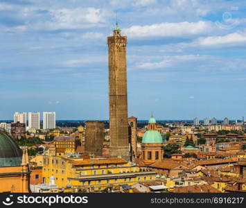 Aerial view of Bologna (hdr). Aerial view of the two towers in the city of Bologna, Italy (vibrant high dynamic range)