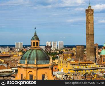 Aerial view of Bologna (hdr). Aerial view of the two towers in the city of Bologna, Italy (vibrant high dynamic range)