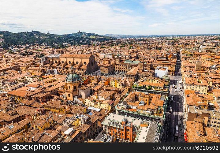 Aerial view of Bologna (hdr). Aerial view of Via dell Indipendenza street and Piazza Maggiore square in the city of Bologna, Italy (vibrant high dynamic range)