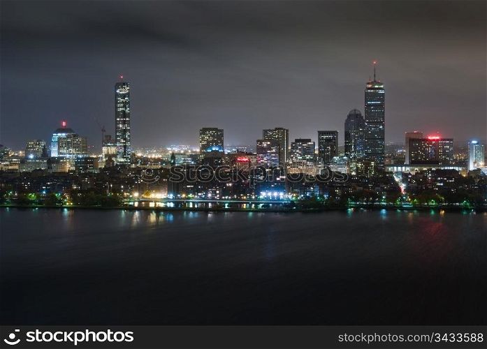 Aerial view of Boston&rsquo;s Back Bay skyline at night