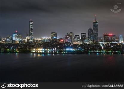 Aerial view of Boston&rsquo;s Back Bay skyline at night