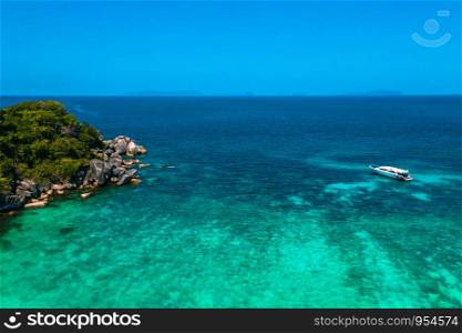Aerial View of Boulder Island with Tourist boat, Myanmar