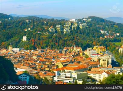 Aerial view of Brasov Old Town in the morning light. Romania