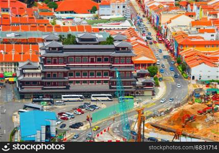 Aerial view of Buddha Toothe Relic Temple and China Town area in Singapore