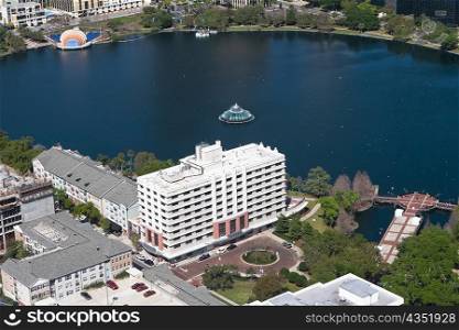 Aerial view of buildings along a lake, Lake Eola, Lake Eola Park, Orlando, Florida, USA