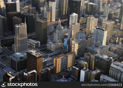 Aerial view of buildings in downtown Chicago, Illinois.