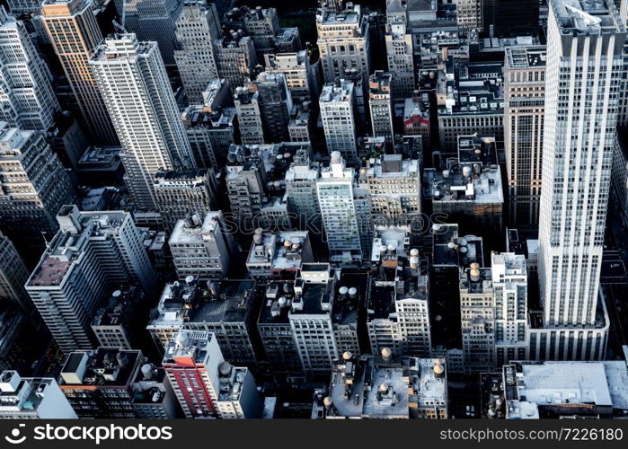 Aerial view of buildings in Mid-Manhattan, New York City.