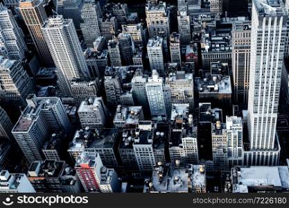 Aerial view of buildings in Mid-Manhattan, New York City.