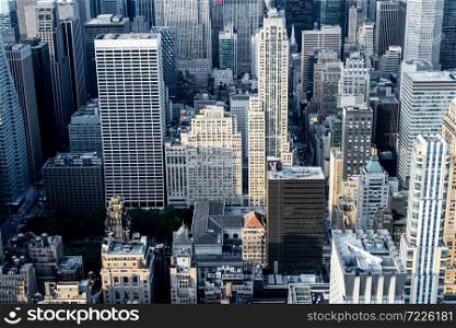 Aerial view of buildings in Mid-Manhattan, New York City.