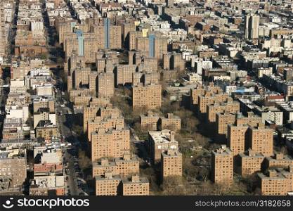 Aerial view of buildings in New York City.