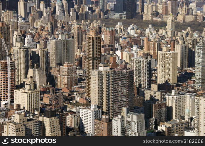 Aerial view of buildings in New York City.