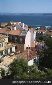 Aerial view of buildings on coast in Lisbon, Portugal.
