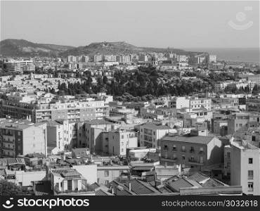 Aerial view of Cagliari bw. Aerial view of the city of Cagliari, Italy in black and white