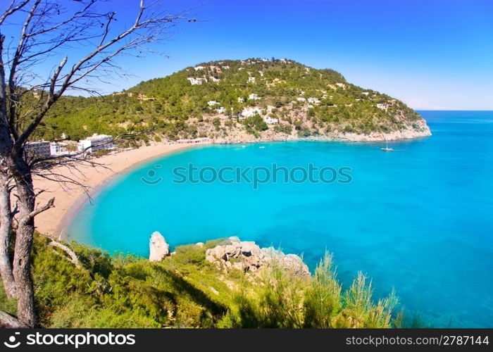 Aerial view of Caleta de Sant Vicent in Ibiza island cala de san Vicente