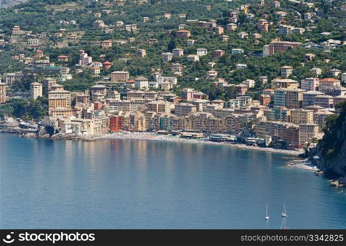 aerial view of Camogli, famous small town in Liguria, Italy