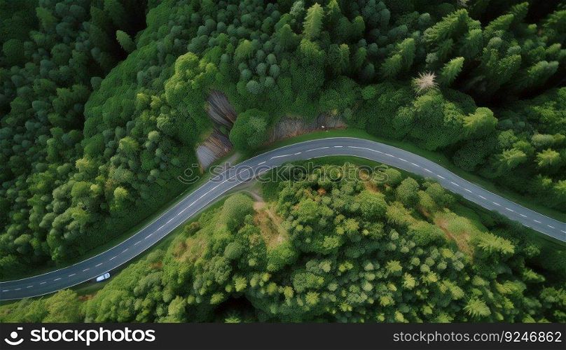 Aerial view of car on a narrow twisting road. Generative ai illustration. . Aerial view of car on a narrow twisting road. Generative ai. 