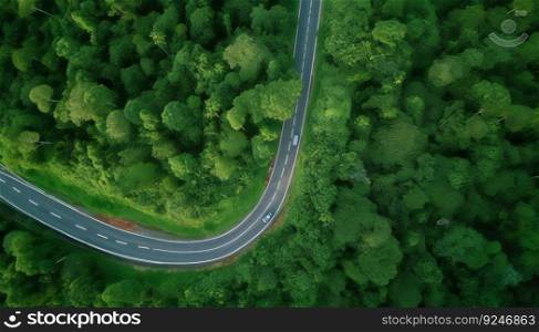 Aerial view of car on a narrow twisting road. Generative ai illustration. . Aerial view of car on a narrow twisting road. Generative ai. 