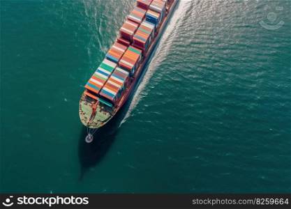Aerial view of cargo ships that run in the middle of the ocean are transported container to the port. Generative AI