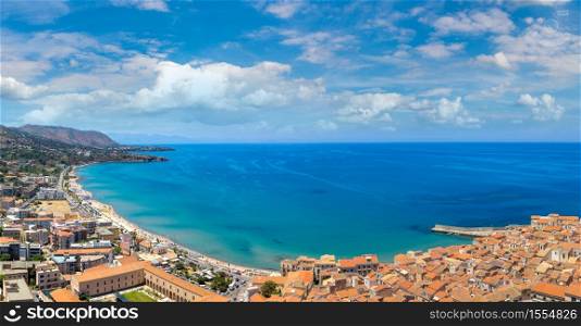 Aerial view of Cefalu and cathedral in Sicily, Italy in a beautiful summer day