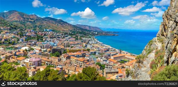 Aerial view of Cefalu and cathedral in Sicily, Italy in a beautiful summer day