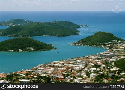 Aerial view of Charlotte Amalie and islands off the coast, St. Thomas, U.S. Virgin Islands