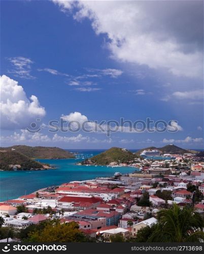 Aerial view of Charlotte Amalie Harbour in St Thomas in summer