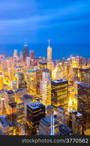 Aerial view of Chicago City downtown at dusk.