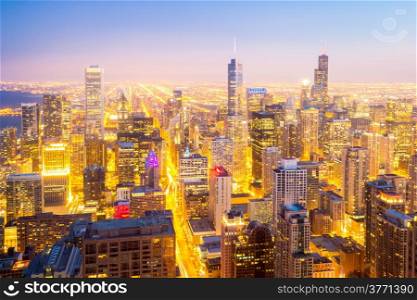 Aerial view of Chicago City downtown at dusk.