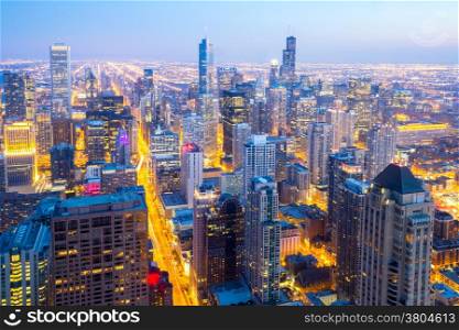 Aerial view of Chicago City downtown at dusk USA