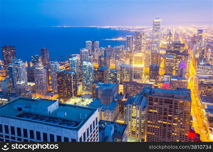Aerial view of Chicago City downtown at dusk USA