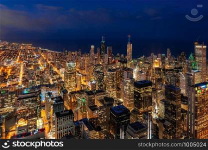 Aerial view of Chicago cityscape skyscraper under the blue sky at beautiful twilight time in Chicago, Illinois, United States, Landscape and Modern Architecture concept