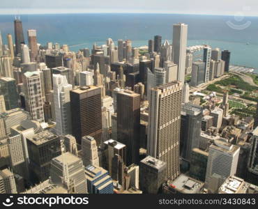 Aerial view of Chicago, Illinois looking north-east from the Sears Tower