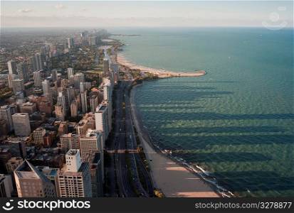 Aerial view of Chicago, Lake Shore Drive and Lake Michigan