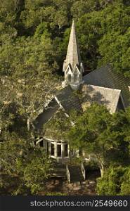 Aerial view of church surrounded by trees on Bald Head Island, North Carolina.