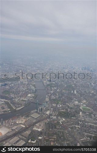 Aerial view of city and River Thames; London; UK