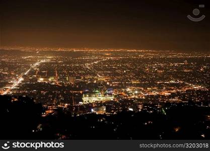 Aerial view of city at night, Los Angeles, California, USA