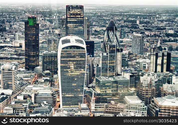 Aerial view of City of London skyline.. Aerial view of City of London skyline