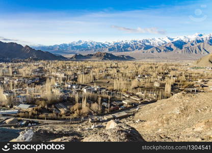 Aerial View of Cityscape Leh city or downtown with mountain background from Santi stupa at Leh Ladakh, Jammu and Kashmir, India