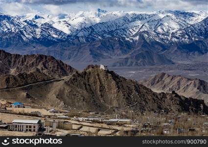 Aerial view of Cityscape Leh city or downtown with mountain background from the window of leh palace at Leh Ladakh, Jammu and Kashmir, India